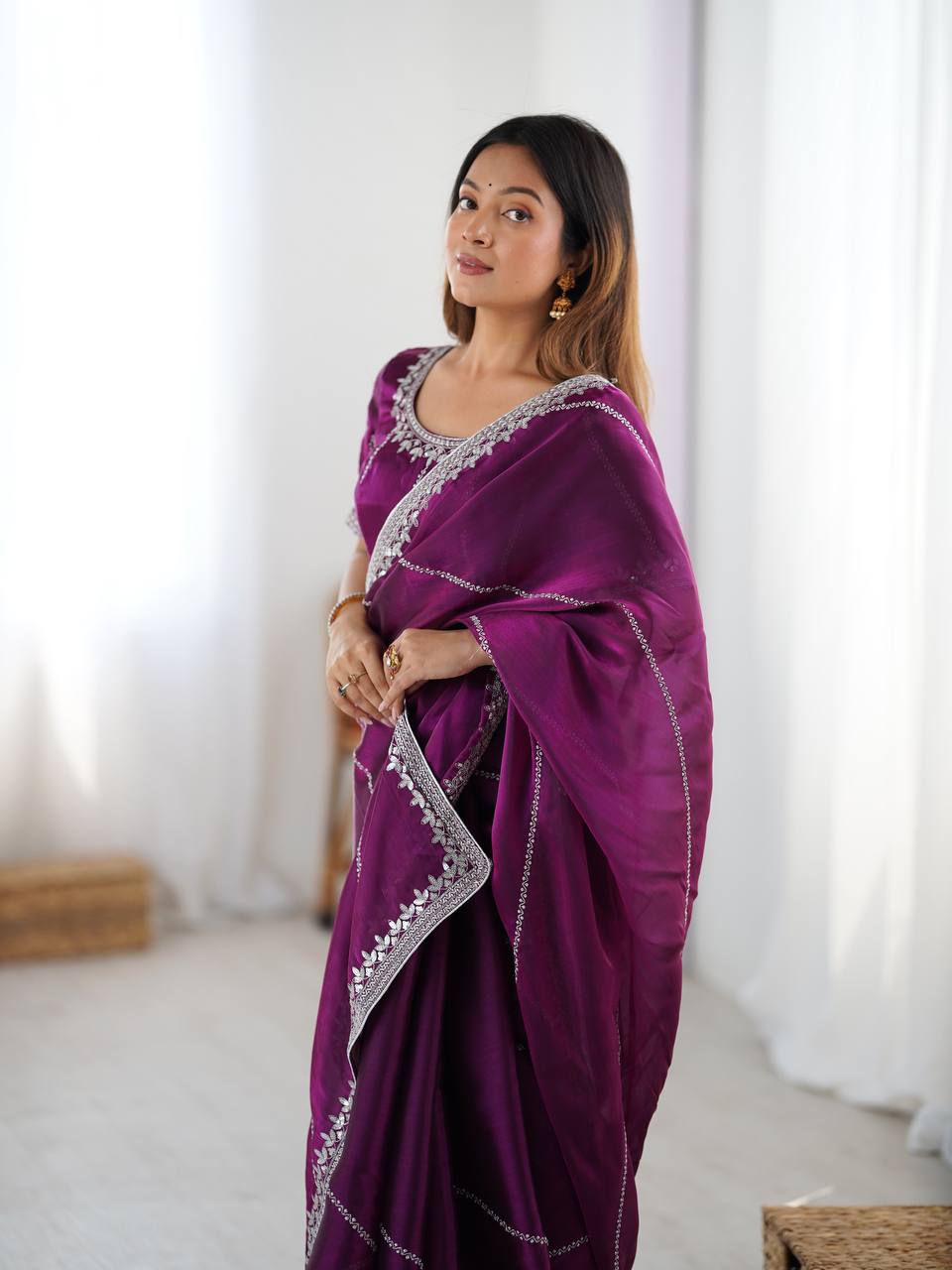 paridhansilk  Wine Purple Silver Zari Border Saree – Elegant Party Wear Designer Saree for Women