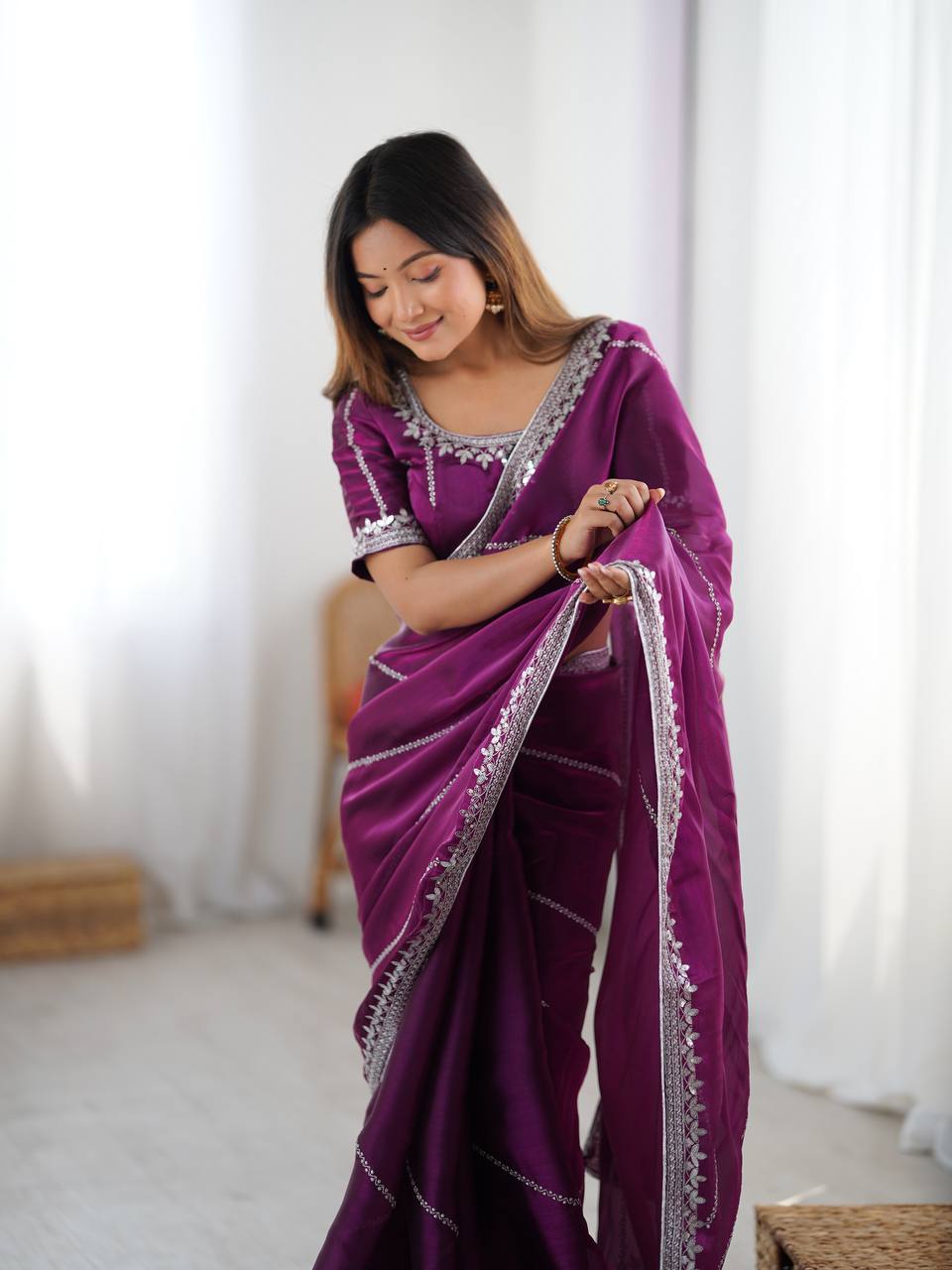 paridhansilk  Wine Purple Silver Zari Border Saree – Elegant Party Wear Designer Saree for Women