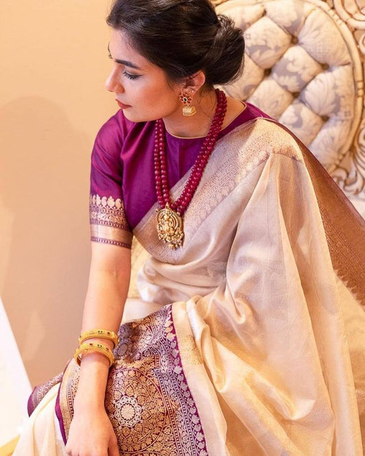 Royal Cream Banarasi Silk Saree with Maroon Border & Zari Weaving – Festive Wedding Wear