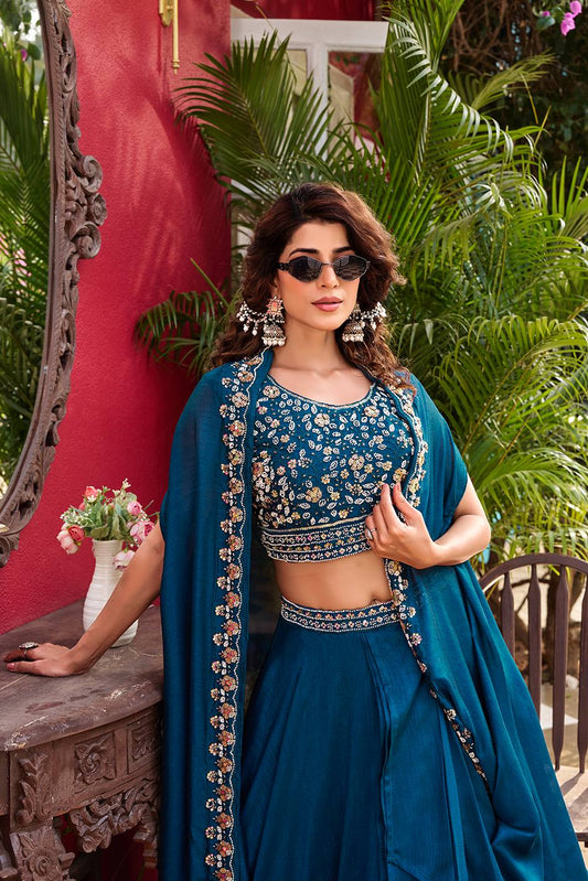 Teal Embroidered Lehenga Choli with Designer Cape Dupatta – Wedding & Festive Wear