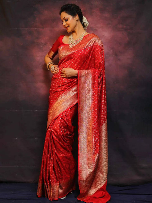 Royal Red Banarasi Silk Saree With Rich Zari Border | Traditional Wedding Saree | Paridhan Silk