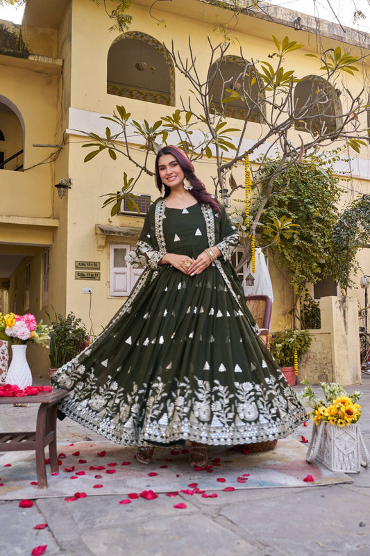 Dark Green Designer Anarkali Gown with Silver Embroidery | Party Wear Ethnic Dress