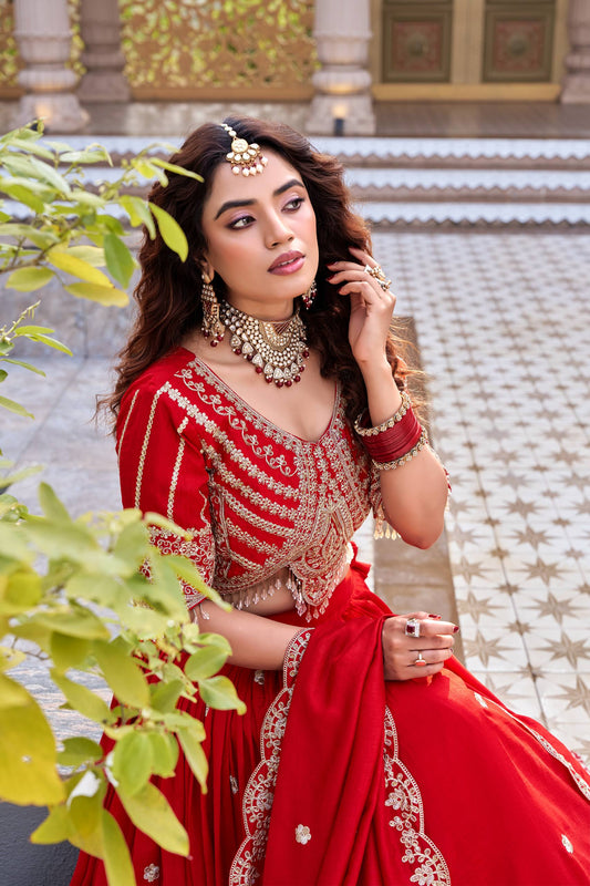 royal red bridal lehenga choli with heavy embroidery at paridhansilk.com. Perfect designer wedding lehenga for brides and festive occasions.  Tags