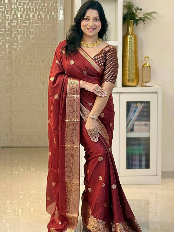Maroon Banarasi Silk Saree with Golden Zari Border | Elegant Wedding & Festive Wear