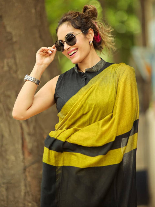 Elegant Yellow Black Linen  Saree | Soft Lightweight Designer Saree with Contrast Border | Party & Office Wear Ethnic Saree for Women