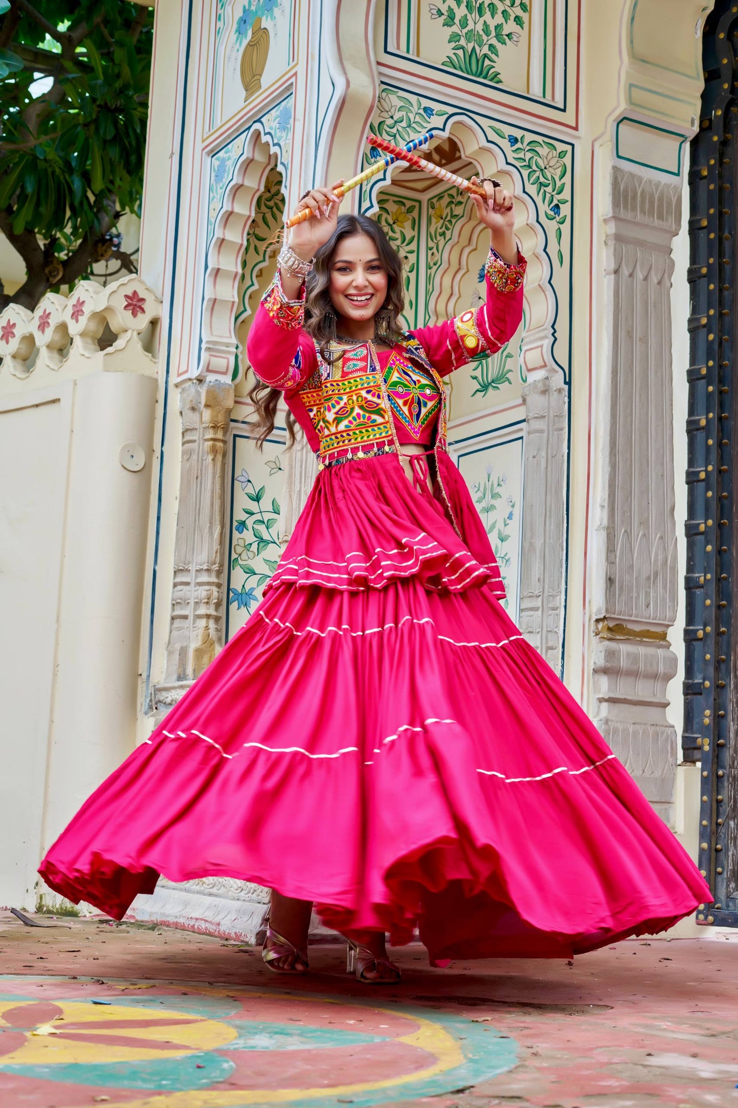 Navratri Special Rani Pink Koti Choli Lehenga Set for Women | Traditional Garba Outfit with Mirror Work