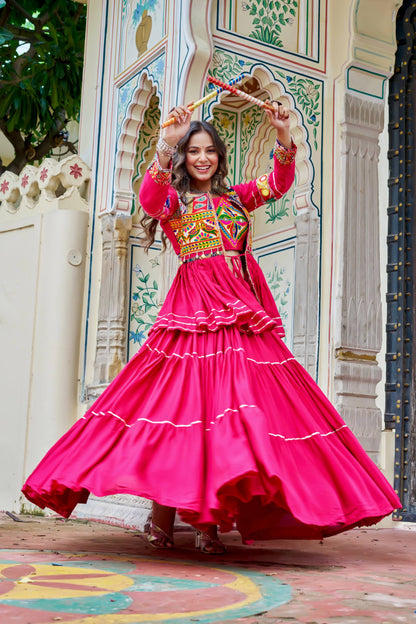 Navratri Special Rani Pink Koti Choli Lehenga Set for Women | Traditional Garba Outfit with Mirror Work