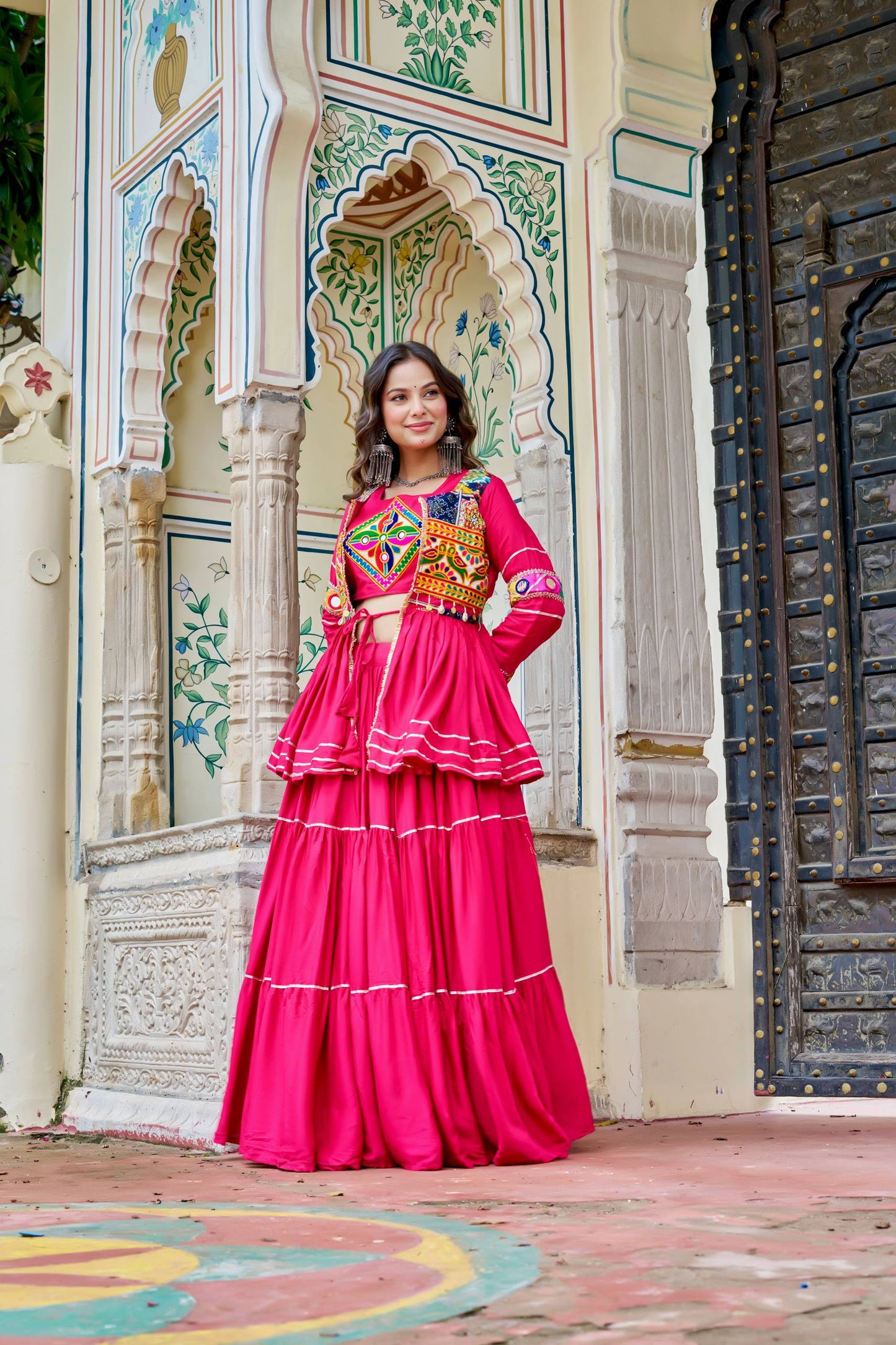 Navratri Special Rani Pink Koti Choli Lehenga Set for Women | Traditional Garba Outfit with Mirror Work