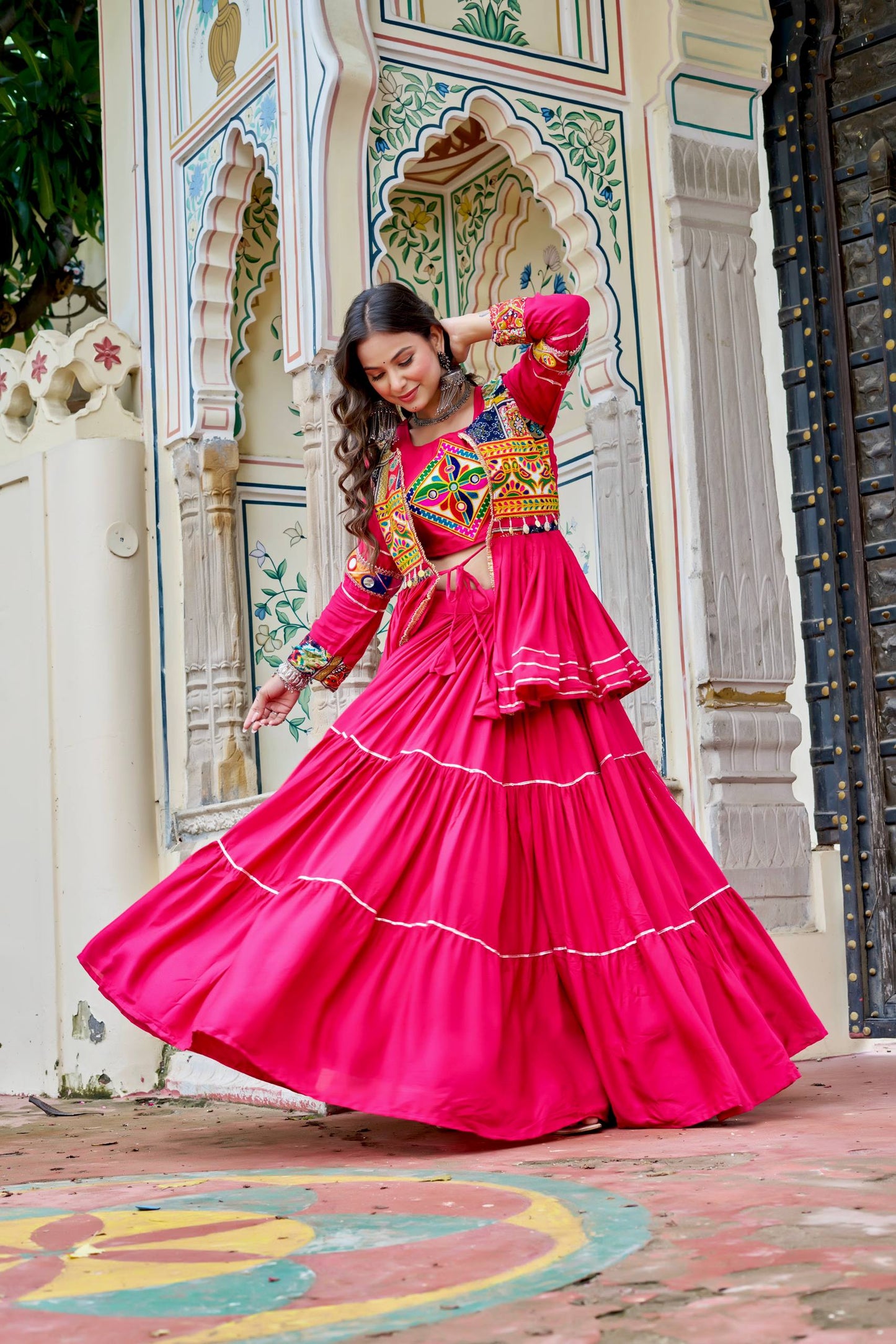 Navratri Special Rani Pink Koti Choli Lehenga Set for Women | Traditional Garba Outfit with Mirror Work