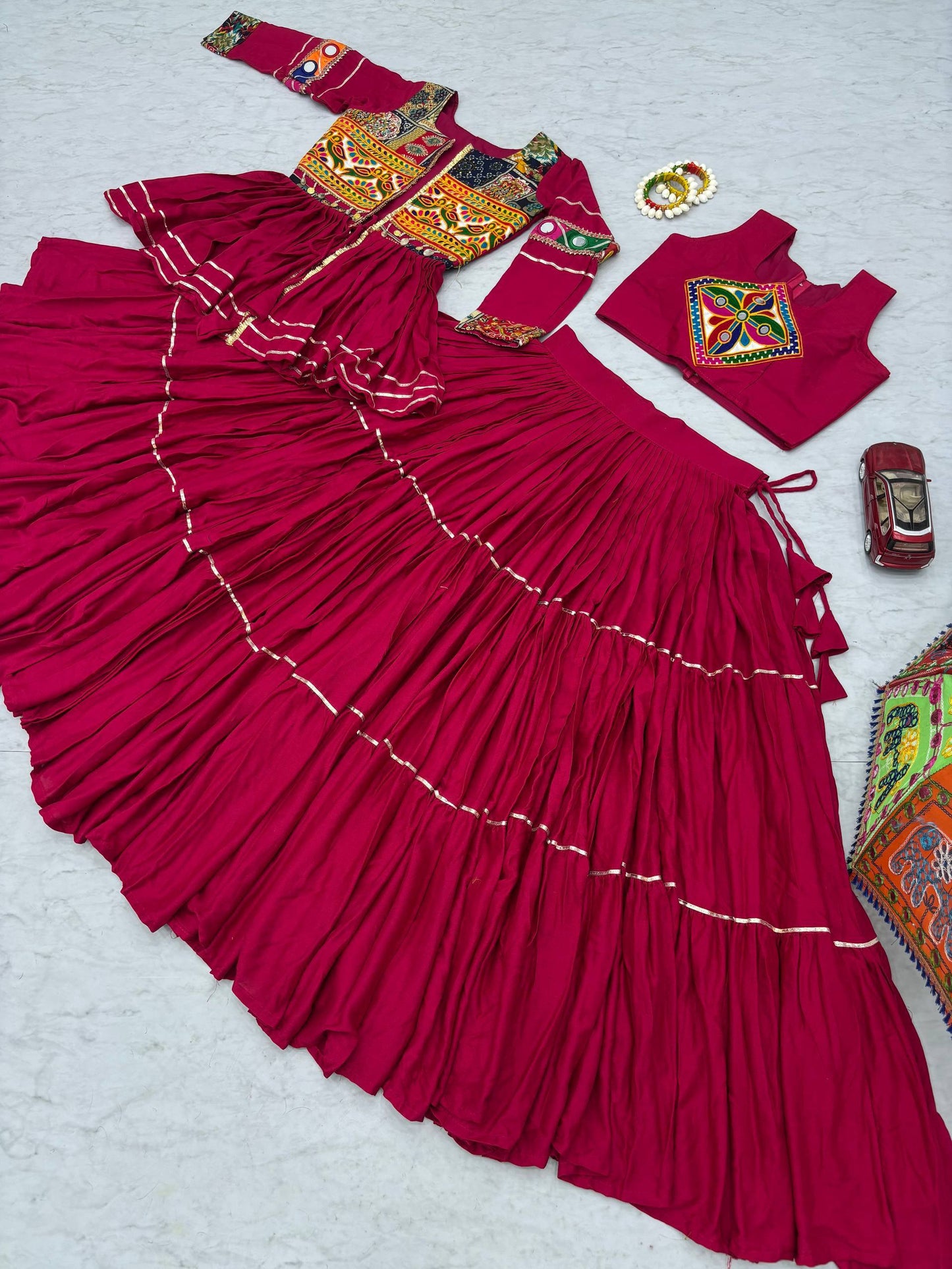 Navratri Special Rani Pink Koti Choli Lehenga Set for Women | Traditional Garba Outfit with Mirror Work