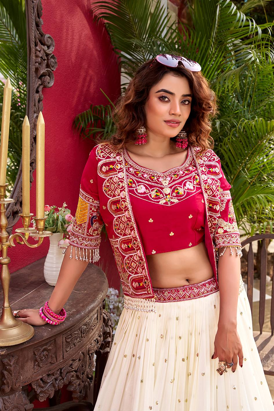 Royal Ivory & Red Embroidered Koti Lehenga Choli Set for Women | Wedding & Festive Wear Designer Lehenga