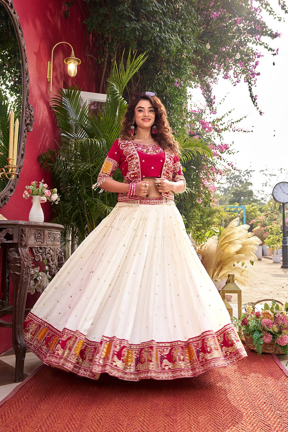 Royal Ivory & Red Embroidered Koti Lehenga Choli Set for Women | Wedding & Festive Wear Designer Lehenga