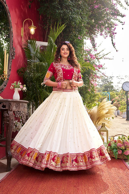 Royal Ivory & Red Embroidered Koti Lehenga Choli Set for Women | Wedding & Festive Wear Designer Lehenga