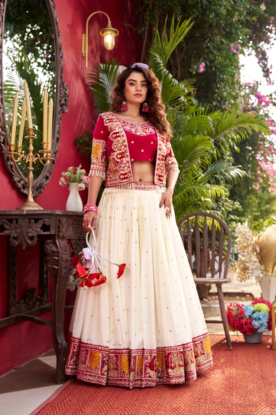 Royal Ivory & Red Embroidered Koti Lehenga Choli Set for Women | Wedding & Festive Wear Designer Lehenga