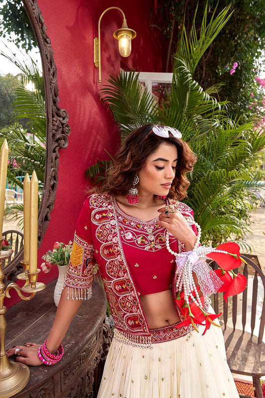 Royal Ivory & Red Embroidered Koti Lehenga Choli Set for Women | Wedding & Festive Wear Designer Lehenga