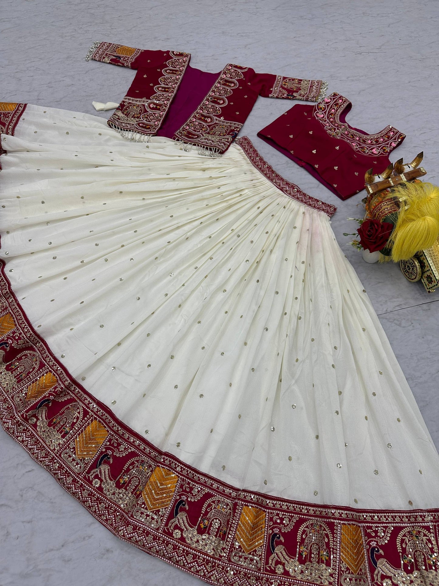Royal Ivory & Red Embroidered Koti Lehenga Choli Set for Women | Wedding & Festive Wear Designer Lehenga