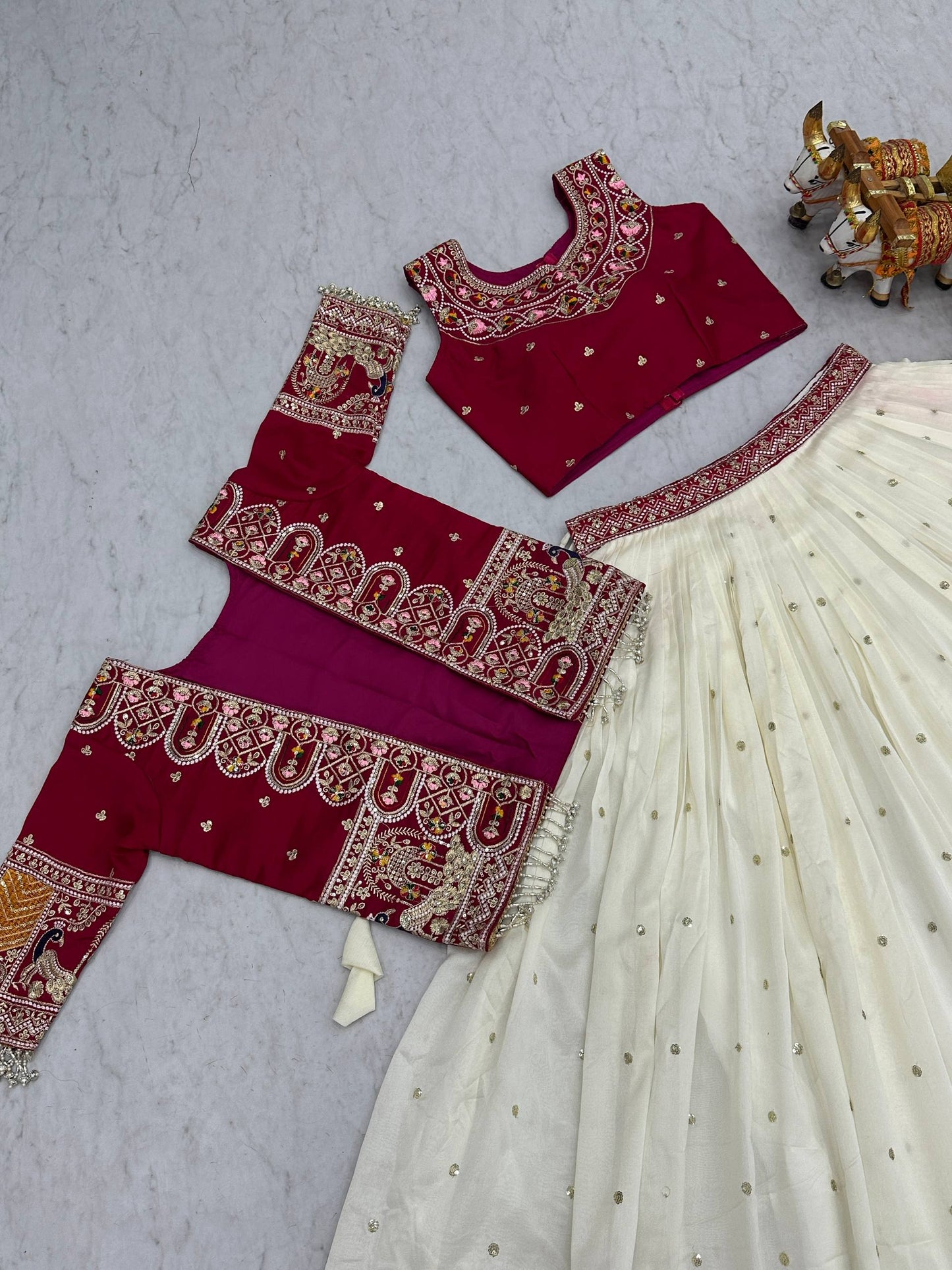 Royal Ivory & Red Embroidered Koti Lehenga Choli Set for Women | Wedding & Festive Wear Designer Lehenga