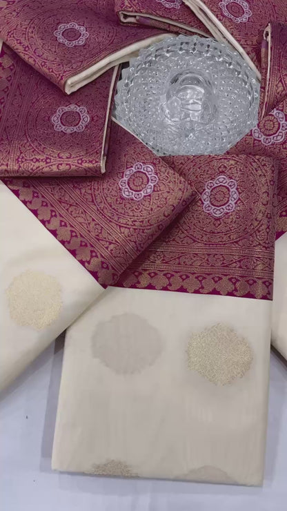 Royal Cream Banarasi Silk Saree with Maroon Border & Zari Weaving – Festive Wedding Wear