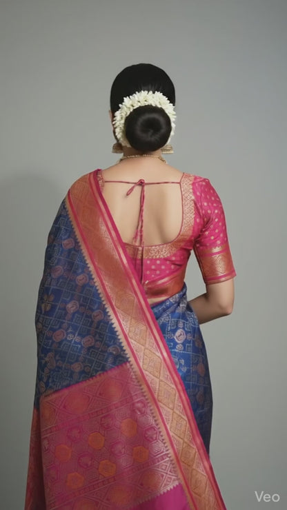 Royal Blue & Rani Pink Banarasi Patola Silk Saree