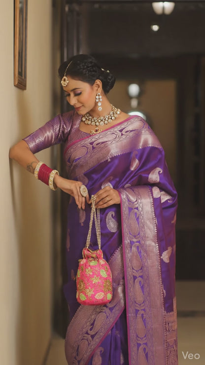 Handwoven Purple Banarasi Silk Saree with Antique Gold Zari
