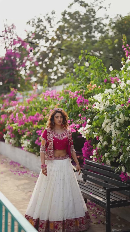 Royal Ivory & Red Embroidered Koti Lehenga Choli Set for Women | Wedding & Festive Wear Designer Lehenga