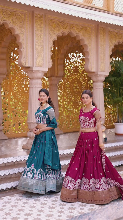 SILK BLEND LEHENGA CHOLI & DUPATTA SET WITH ELEPHANT & TEMPLE EMBROIDERY