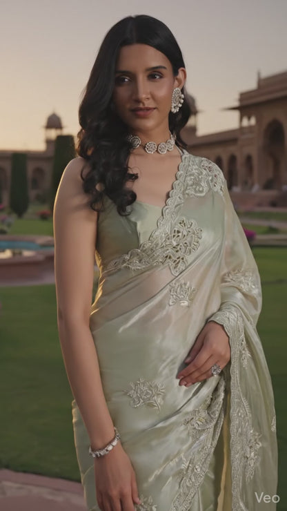 Sage Green Shimmer Embroidered Saree with Scalloped Border
